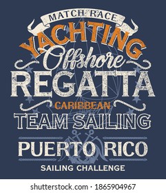 Caribbean offshore yacht racing sailing regatta grunge vector print for kids t shirt with sailboat background
