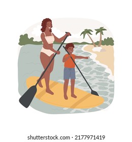 Caribbean paddleboard isolated cartoon vector illustration. Caribbean style tropical sea, beach activity, family standing on paddle boards, SUP board rental, summer vacation vector cartoon.