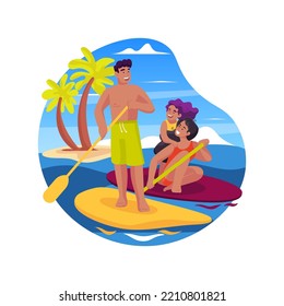 Caribbean paddleboard isolated cartoon vector illustration. Caribbean style tropical sea, beach activity, family standing on paddle boards, SUP board rental, summer vacation vector cartoon.