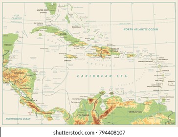 The Caribbean Physical Map. Isolated on retro white color. Highly detailed vector illustration.
