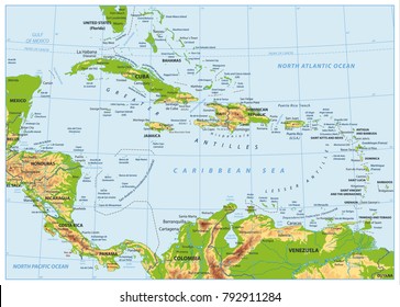 The Caribbean Physical Map. No Bathymetry. Highly Detailed Vector Illustration.