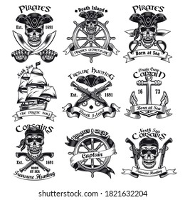 Caribbean pirates flat badges set. Vintage monochrome emblems with captain skull, wheel, gun and anchor isolated vector illustration collection. Marine design and typography concept