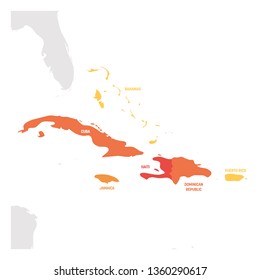 Caribbean Region. Map of countries in Caribbean Sea in Central America. Vector illustration.