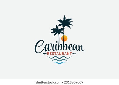 caribbean restaurant logo with a combination of beautiful lettering, palms and sunset.