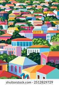 Caribbean romantic landscape with colorful traditional Spanish cottages and houses. Handmade drawing vector illustration. Can be used for posters, banners, postcards, books etc.