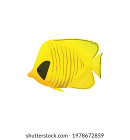 Caribbean sea bright yellow fish cartoon icon or symbol, flat vector illustration isolated on white background. Sea or aquarium decorative underwater fish.