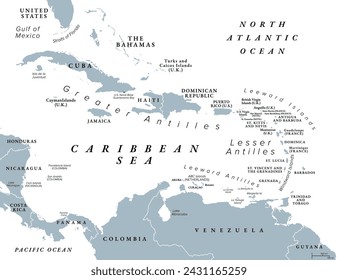 Das Karibische Meer und seine Inseln, graue politische Karte. Die Karibik, Subregion Amerikas, mit den Westindischen Inseln, kompromittierende unabhängige Inselstaaten und Abhängigkeiten in drei Archipeln.