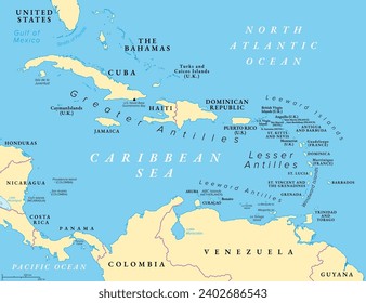 The Caribbean Sea and its islands, political map. The Caribbean, a subregion of the Americas, with the West Indies, compromising independent island countries and dependencies in three archipelagos.