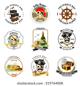 Caribbean sea pirates emblems set with ship helm and tortuga island treasures map abstract isolated vector illustration