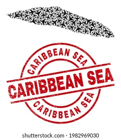Caribbean Sea scratched seal stamp, and Tortuga Island of Haiti map mosaic of aviation elements. Mosaic Tortuga Island of Haiti map designed with airliners. Red seal with Caribbean Sea caption,