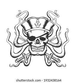 caribbean skull in hand drawing style. good use for tattoo, merchandise