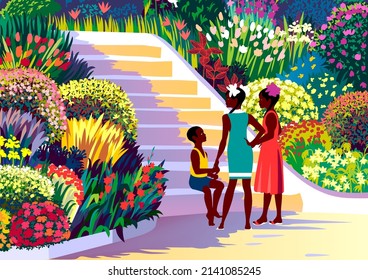 Caribbean street scene and children  flowers  palms   trees in the background  Handmade drawing vector illustration 