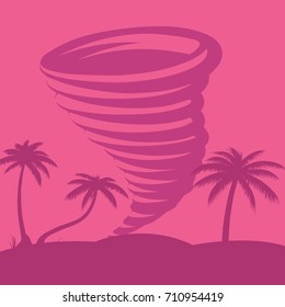 Caribbean tornado against the backdrop of palm trees on the beach, drawing executed in pink