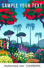 Caribbean travel poster. Beautiful landscape with flower, palms and trees in the background. Handmade drawing vector illustration.