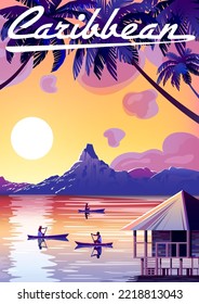 Caribbean Tropical Beach Island Landscape. Handmade drawing vector illustration. Retro style travel poster design.