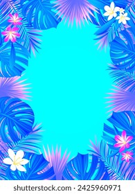 Caribbean vertical border frame. Floral tropical rainforest poster. Vector illustration with exotic amazon flowers, plants, palms and monstera leaves for beauty and fashion design, spring card, cover