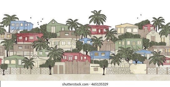 Caribbean village, seamless banner (hand drawn ink illustration with watercolor)