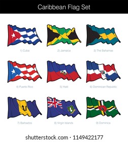 Caribbean Waving Flag Set. The set includes the flags of Cuba, Jamaica, The Bahamas, Puerto Rico, Haiti, Dominican Republic, Barbados, British Virgin Islands n Dominica. Vector Icons neatly on Layers