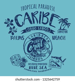 Caribe Cuba coral reef tropical paradise cute vector artwork for children wear grunge effect in separate layer