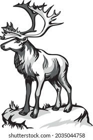 Caribou deer and indigenous peoples of northern Russia. Vintage black and white drawing. Vector illustration. Nature and man