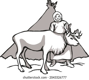 Caribou deer and indigenous peoples of northern Russia. Vintage black and white drawing. Vector illustration. Nature and man