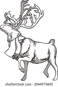 Caribou deer and indigenous peoples of northern Russia. Vintage black and white drawing. Vector illustration. Nature and man