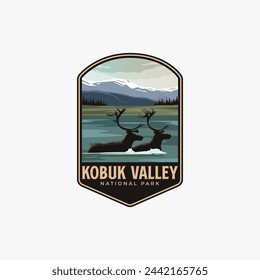 Caribou in Kobuk Valley National Park logo patch badge vector illustration design, Caribou crossed the river design