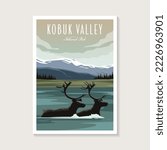 Caribou on Kobuk Valley National Park poster vector illustration design, Caribou crossed the river poster design