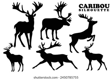 Caribou silhouette collection. Set of black Caribou silhouette. Caribou silhouette set.