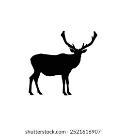 Caribou silhouette with prominent antlers standing, isolated on a white background.