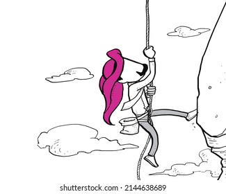 Caricature of arab business man climbing a cliff. Concept hard work and preserverance. Hand drawn vector illustration design