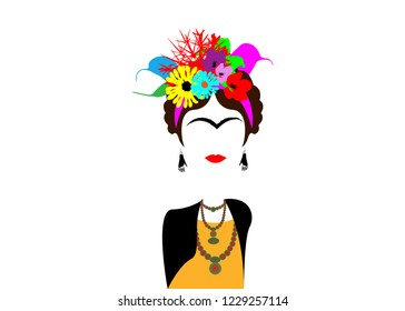 caricature of artist Frida Kahlo. Mexican woman artist with hairstyle and flowers in flat style. Vector portrait isolated 