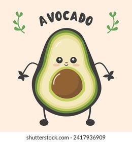 Caricature of an avocado with hands and feet, drawn in a childlike hand-drawn style with gradient green colors, expressing a happy stance. Vector illustration in a standing position