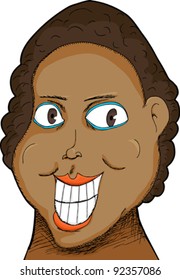 Caricature of a Black woman with big grin over white