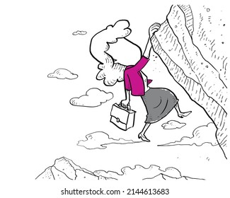 Caricature Business Woman Struggle Hanging On The Edge Of Cliff. Concept Of Challenging Situation. Cartoon Vector Illustration Design