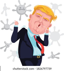 Caricature cartoo of Donald Trump. Donald Trump Coughing. President Donald Trump Character portrait. Infected with the coronavirus disease, or COVID-19. Oct 2,2020.