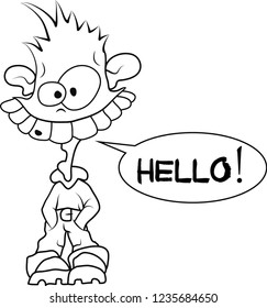caricature, cartoon style boy says hi drawn by line