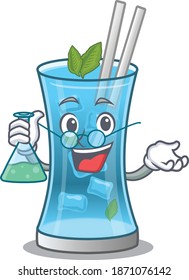 caricature character of blue hawai cocktail smart Professor working on a lab