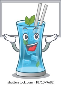 Caricature character of blue hawai cocktail succeed lift up a board
