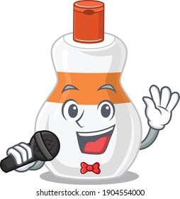 caricature character of body lotion happy singing with a microphone. Vector illustration