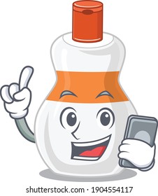 caricature character design style of body lotion speaking on phone. Vector illustration
