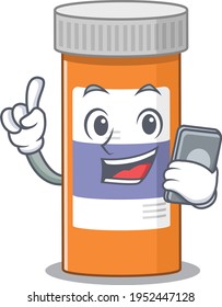 caricature character design style of pills drug bottle speaking on phone. Vector illustration