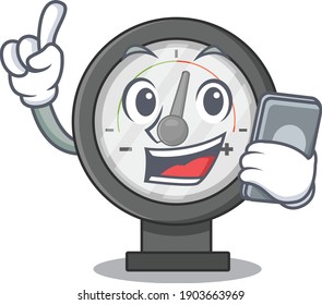 caricature character design style of pressure gauge speaking on phone