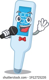 caricature character of digital thermometer happy singing with a microphone
