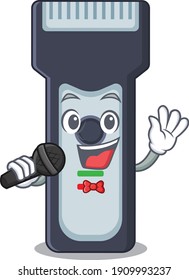 caricature character of electric shaver happy singing with a microphone. Vector illustration