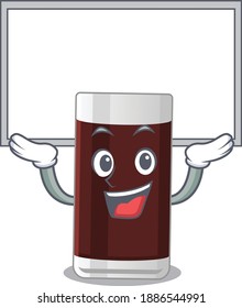 Caricature character of glass of chocolate succeed lift up a board. Vector illustration