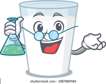 caricature character of glass of milk smart Professor working on a lab. Vector illustration