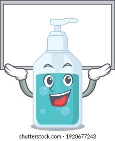 Caricature character of hand sanitizer succeed lift up a board