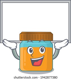 Caricature character of honey jar succeed lift up a board