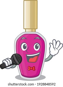 caricature character of pink nail polish happy singing with a microphone. Vector illustration